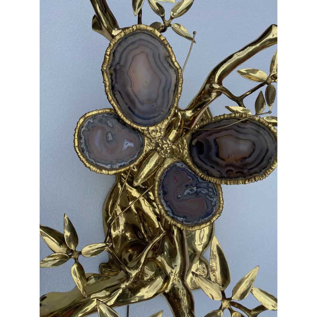 1970’ Table Basse Eclairante Au Bonzai Sur Dune De Sable En bronze doré Isabelle Faure Ou Duval Brasseur Avec Papillon Ailes En Agate 11
