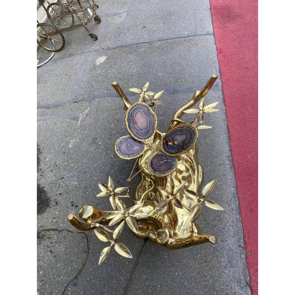 1970’ Table Basse Eclairante Au Bonzai Sur Dune De Sable En bronze doré Isabelle Faure Ou Duval Brasseur Avec Papillon Ailes En Agate 12