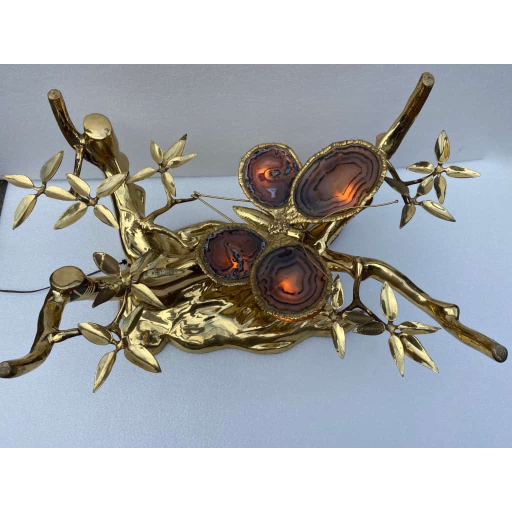 1970’ Table Basse Eclairante Au Bonzai Sur Dune De Sable En bronze doré Isabelle Faure Ou Duval Brasseur Avec Papillon Ailes En Agate 15