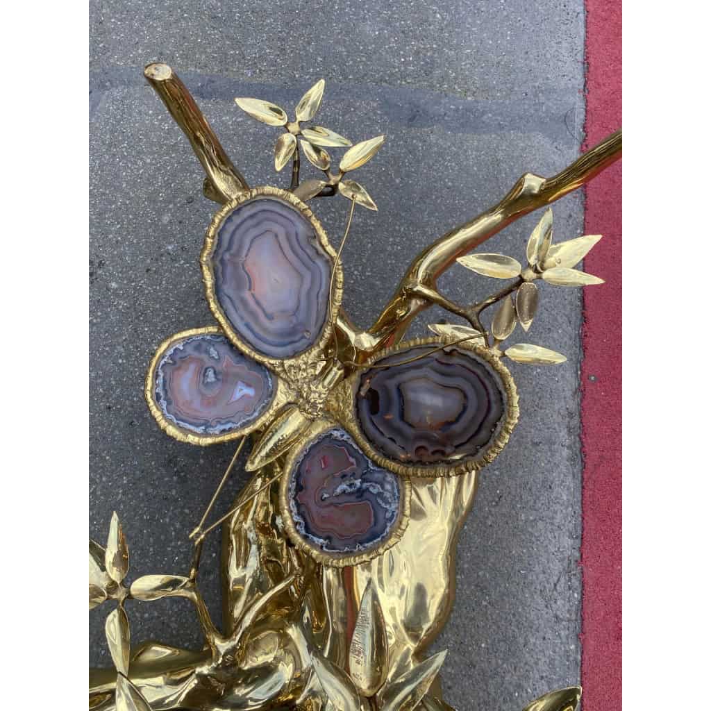 1970’ Table Basse Eclairante Au Bonzai Sur Dune De Sable En bronze doré Isabelle Faure Ou Duval Brasseur Avec Papillon Ailes En Agate 3
