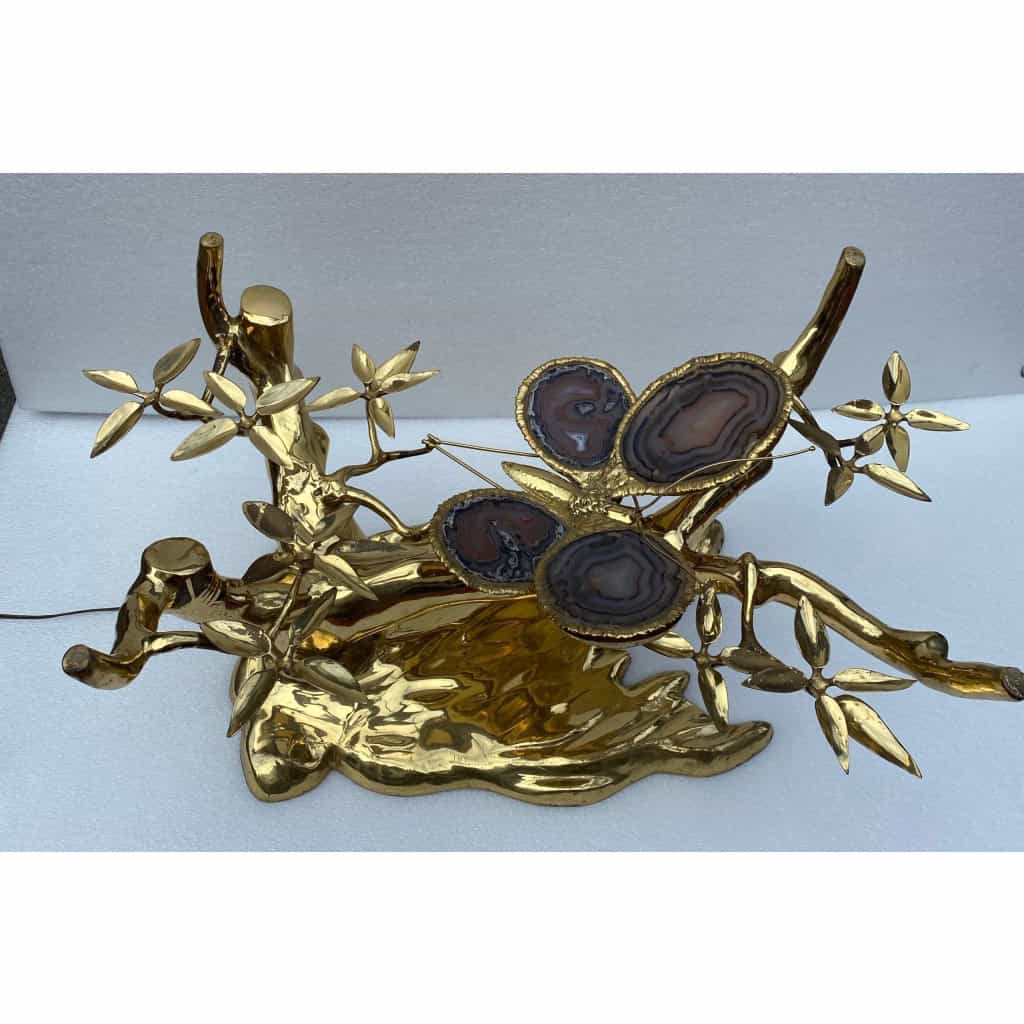 1970’ Table Basse Eclairante Au Bonzai Sur Dune De Sable En bronze doré Isabelle Faure Ou Duval Brasseur Avec Papillon Ailes En Agate 5