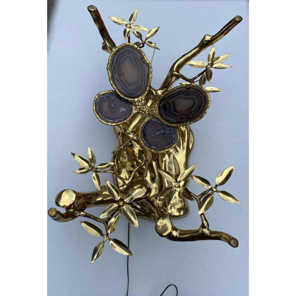 1970’ Table Basse Eclairante Au Bonzai Sur Dune De Sable En bronze doré Isabelle Faure Ou Duval Brasseur Avec Papillon Ailes En Agate 6