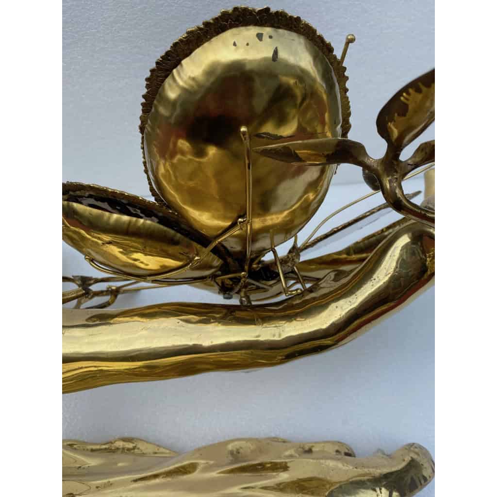 1970’ Table Basse Eclairante Au Bonzai Sur Dune De Sable En bronze doré Isabelle Faure Ou Duval Brasseur Avec Papillon Ailes En Agate 9