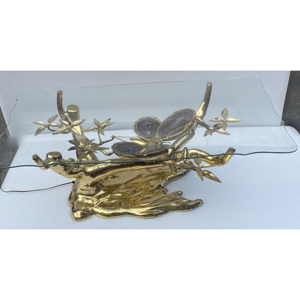 1970’ Table Basse Eclairante Au Bonzai Sur Dune De Sable En bronze doré Isabelle Faure Ou Duval Brasseur Avec Papillon Ailes En Agate 10