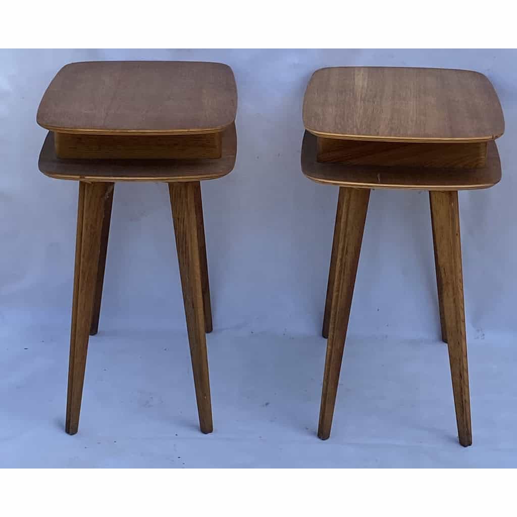 1950′ Paire De Chevets Chêne Design Forme Ovoide | Biron 1950′ Paire De Chevets Chêne Design Forme Ovoide