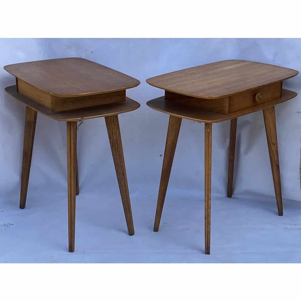1950′ Paire De Chevets Chêne Design Forme Ovoide | Biron 1950′ Paire De Chevets Chêne Design Forme Ovoide