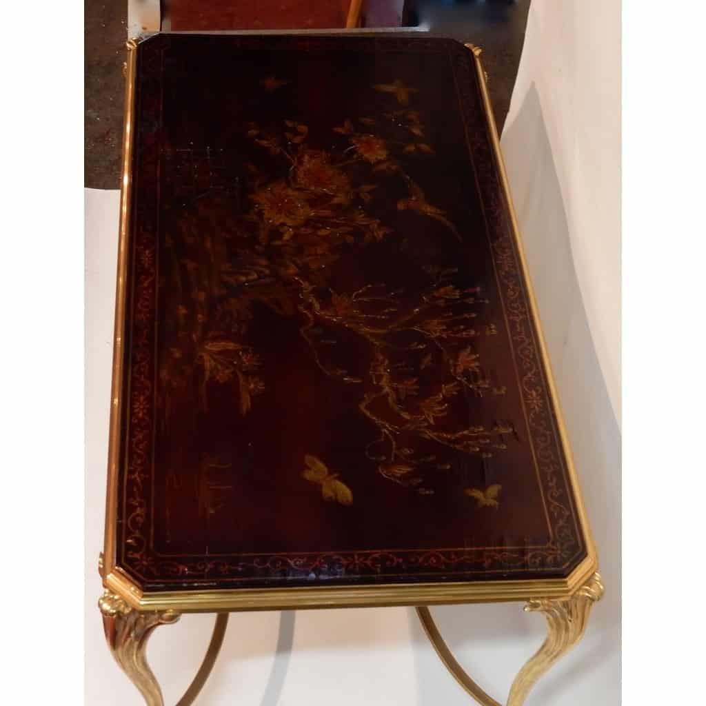 1940/50 Table Basse Plateau Laque de Chine Maison Baguès en Bronze Doré