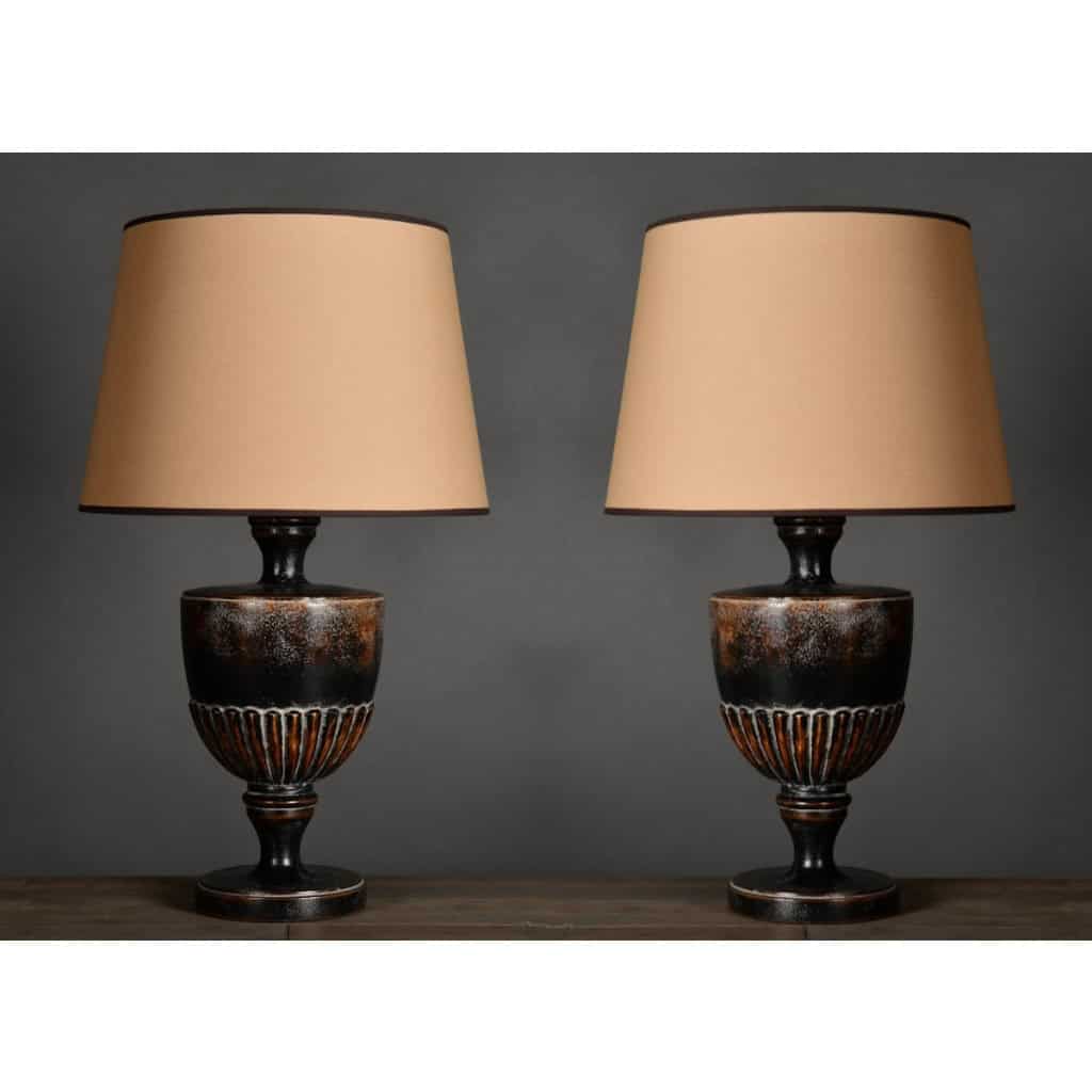 Paire de Lampes de Table Balustre en bois Noirci, XXème Siècle. | Biron |||||