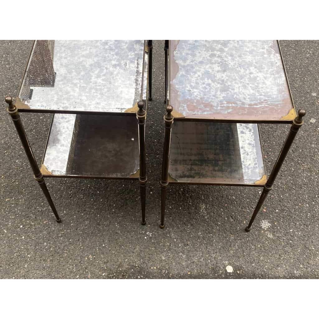 1950/70′ Paire de Tables Maison Jansen En Bronze Patiné Avec Plateaux Miroirs Vintage