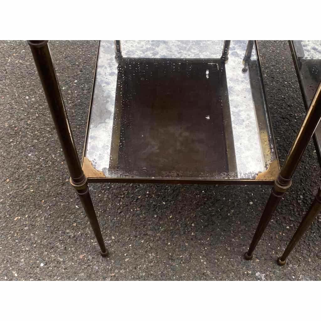 1950/70′ Paire de Tables Maison Jansen En Bronze Patiné Avec Plateaux Miroirs Vintage