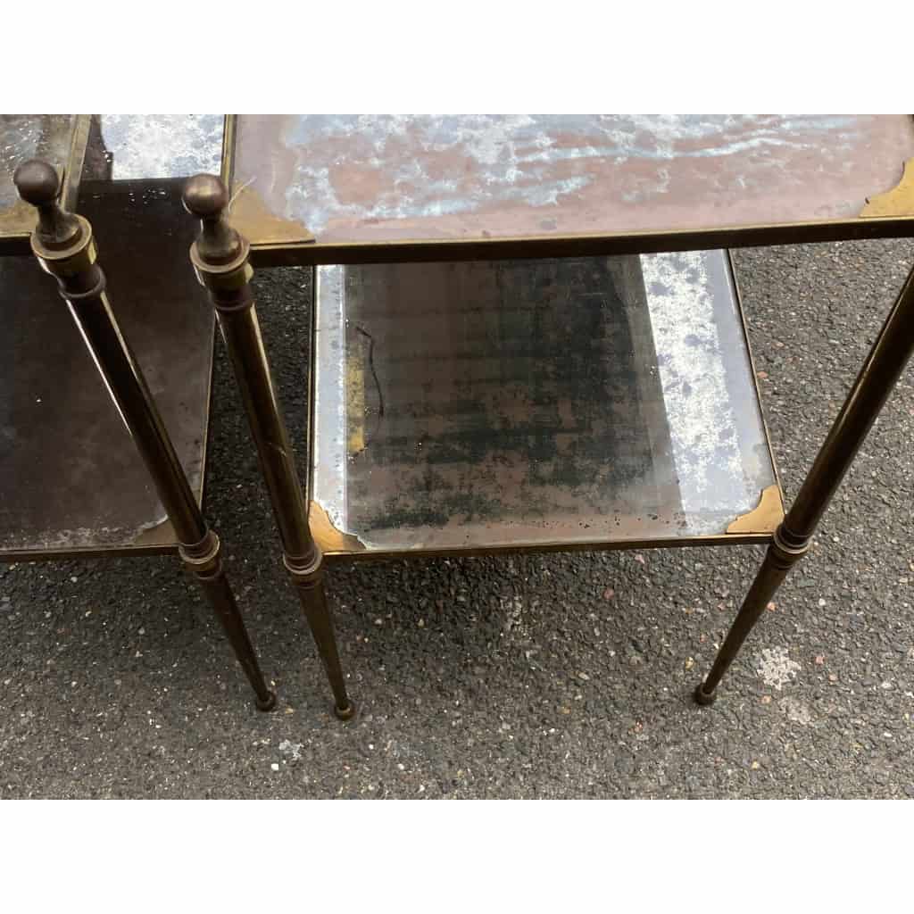1950/70′ Paire de Tables Maison Jansen En Bronze Patiné Avec Plateaux Miroirs Vintage