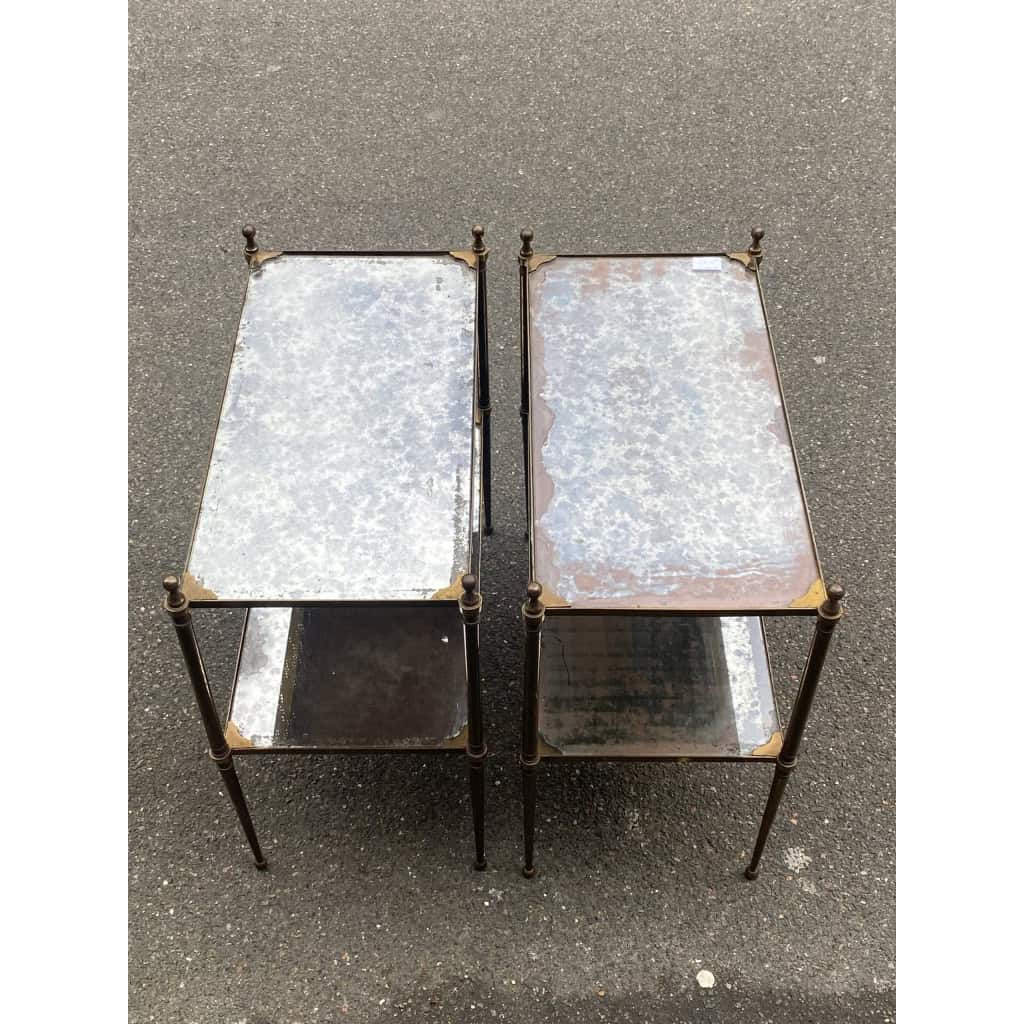 1950/70′ Paire de Tables Maison Jansen En Bronze Patiné Avec Plateaux Miroirs Vintage