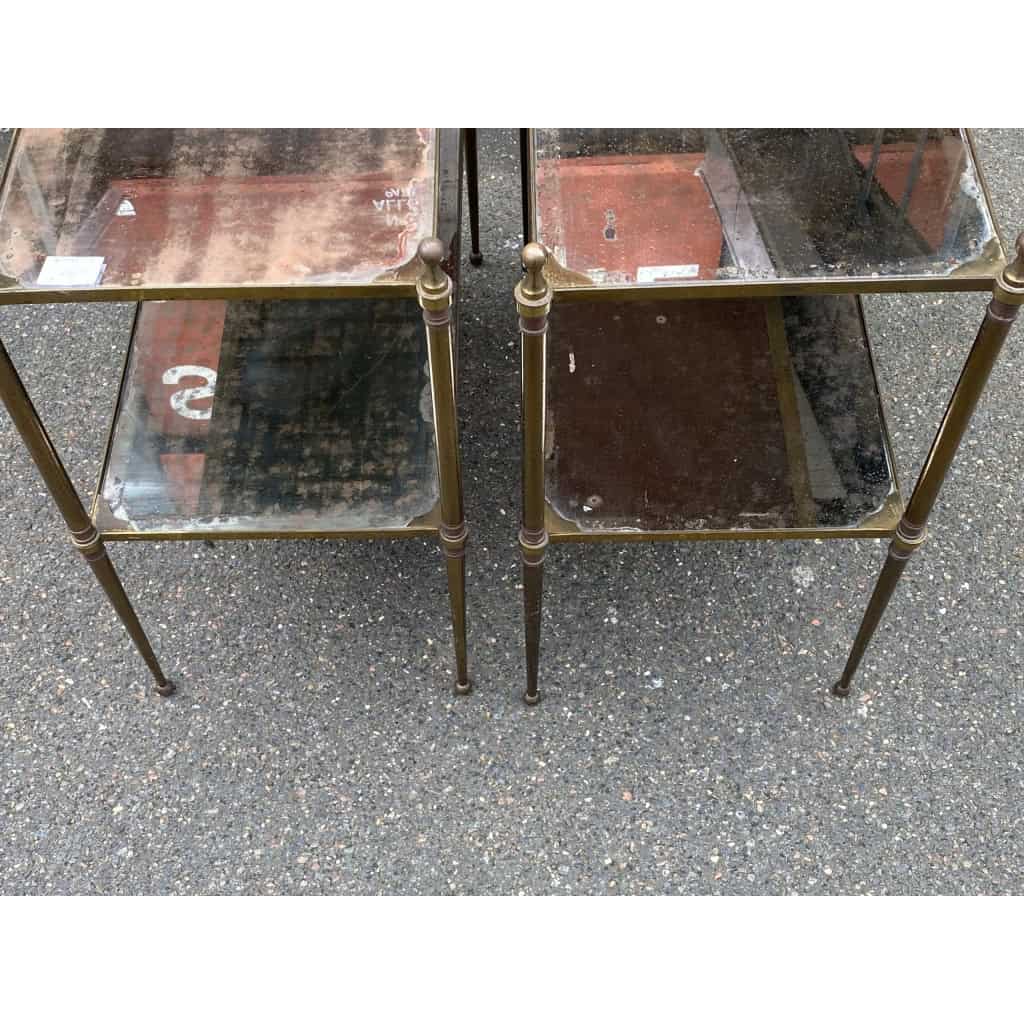 1950/70′ Paire de Tables Maison Jansen En Bronze Patiné Avec Plateaux Miroirs Vintage