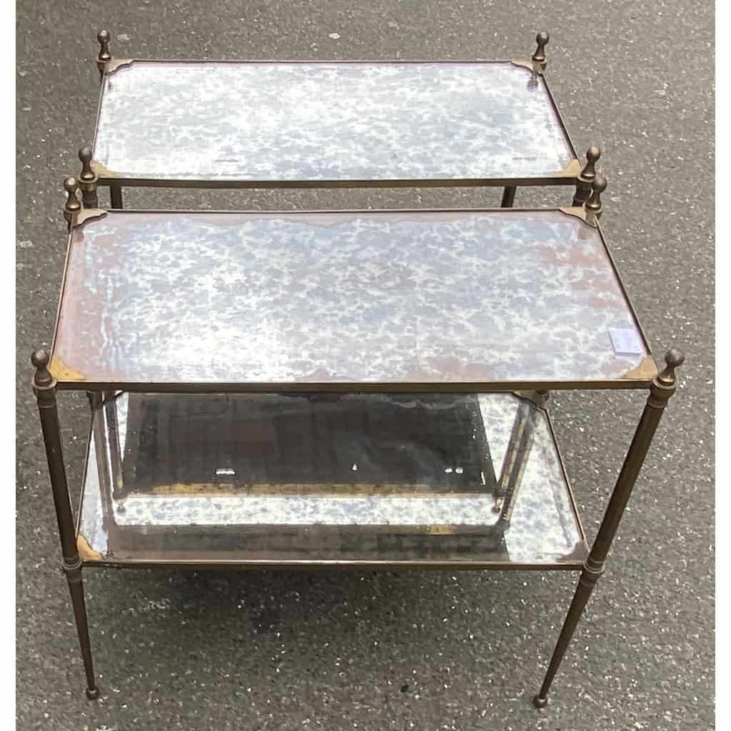 1950/70′ Paire de Tables Maison Jansen En Bronze Patiné Avec Plateaux Miroirs Vintage