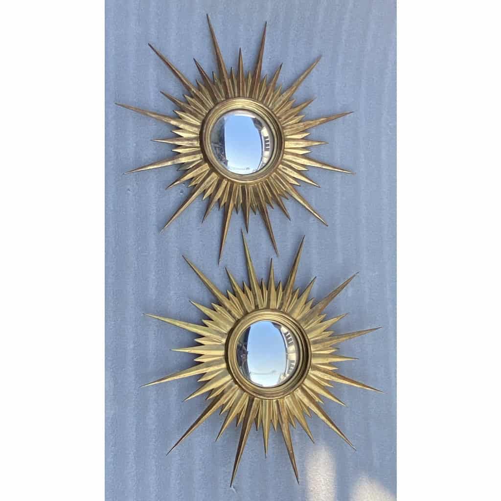 1950′ Paire De Miroirs Soleil Convexe, Bois Doré | Biron |||||||