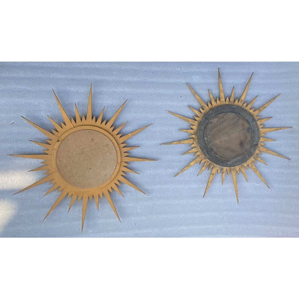 1950′ Paire De Miroirs Soleil Convexe, Bois Doré | Biron 1950′ Paire De Miroirs Soleil Convexe, Bois Doré
