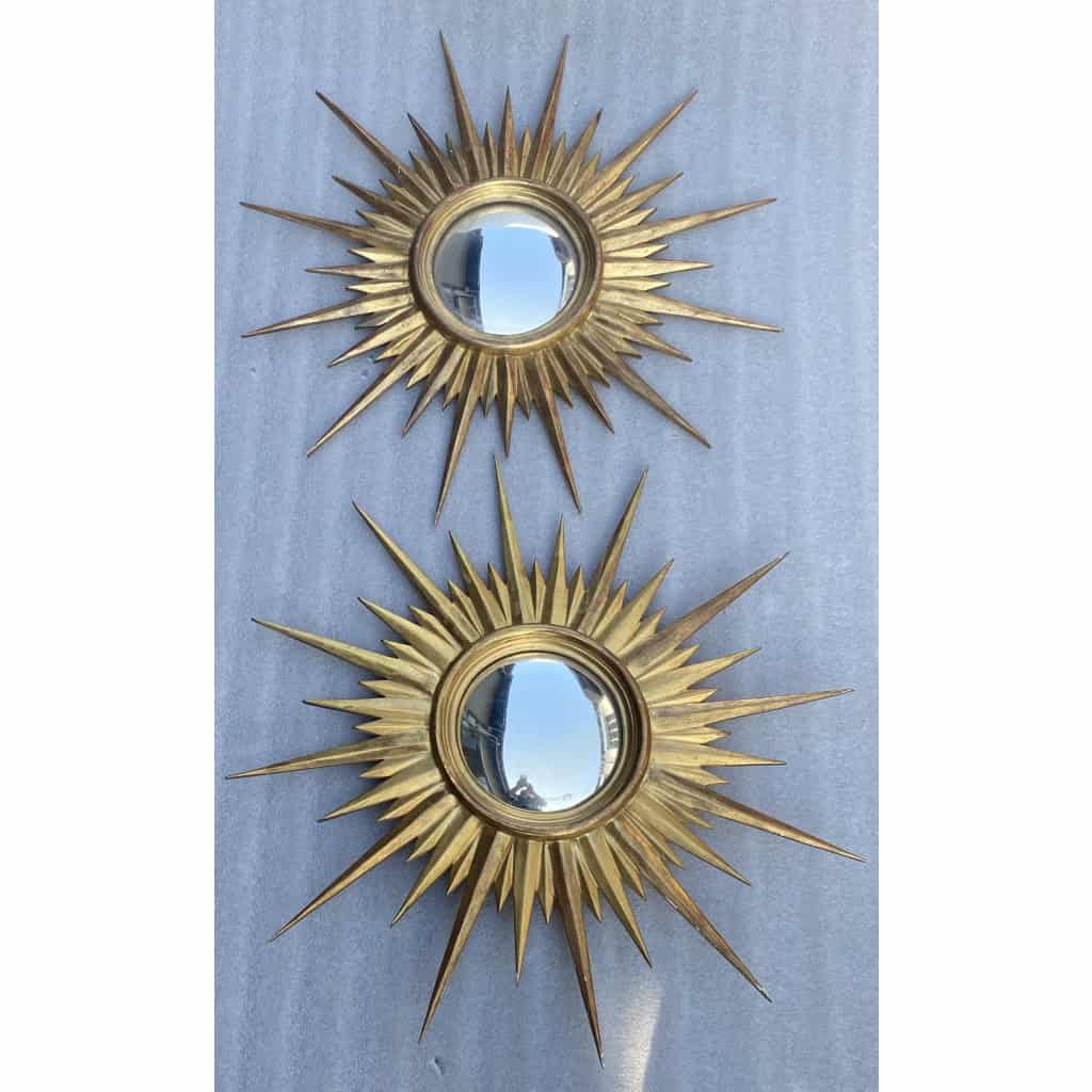 1950′ Paire De Miroirs Soleil Convexe, Bois Doré | Biron 1950′ Paire De Miroirs Soleil Convexe, Bois Doré