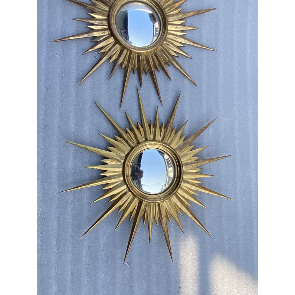 1950′ Paire De Miroirs Soleil Convexe, Bois Doré | Biron 1950′ Paire De Miroirs Soleil Convexe, Bois Doré