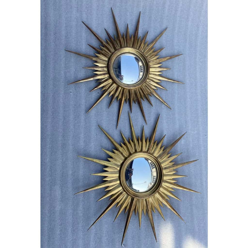 1950′ Paire De Miroirs Soleil Convexe, Bois Doré | Biron 1950′ Paire De Miroirs Soleil Convexe, Bois Doré