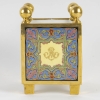 Flower box in Paris porcelain, with geometric polychrome decoration enhanced with gold, production of the second half of the XIXth century, circa 1860. | Biron Paris porcelain flower box, with geometric polychrome decoration enhanced with gold, production of the second half of the XIXth century, circa 1860.