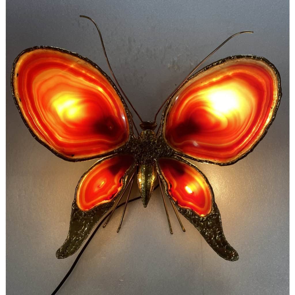 1970’ Applique Papillon en Bronze ou Laiton, Duval Brasseur Ou Isabelle Faure, 4 Ampoules, Ailes d’Agate | Biron ||||||||||||||