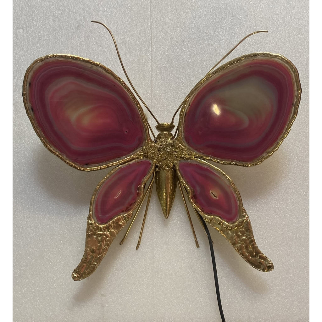 1970’ Applique Papillon en Bronze ou Laiton, Duval Brasseur Ou Isabelle Faure, 4 Ampoules, Ailes d’Agate | Biron 1970’ Applique Papillon en Bronze ou Laiton, Duval Brasseur Ou Isabelle Faure, 4 Ampoules, Ailes d’Agate