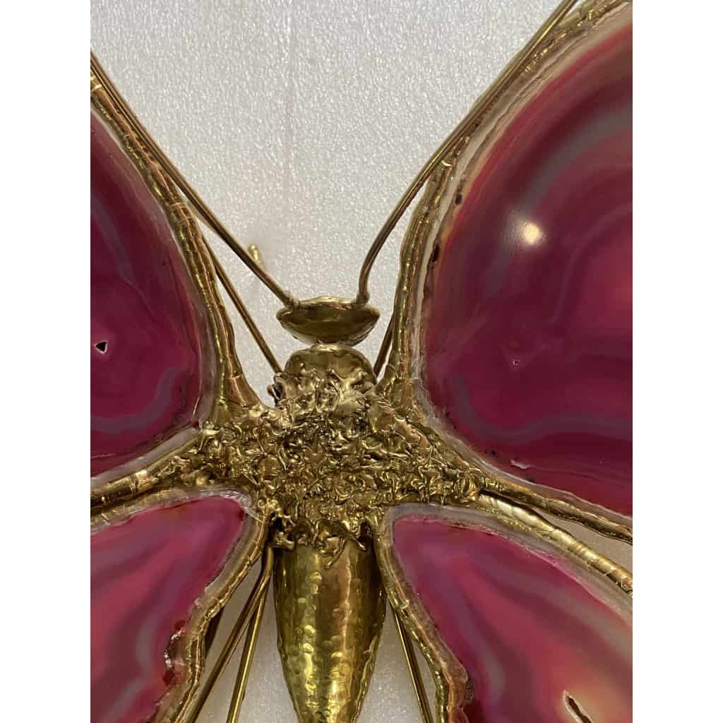 1970’ Applique Papillon en Bronze ou Laiton, Duval Brasseur Ou Isabelle Faure, 4 Ampoules, Ailes d’Agate | Biron 1970’ Applique Papillon en Bronze ou Laiton, Duval Brasseur Ou Isabelle Faure, 4 Ampoules, Ailes d’Agate