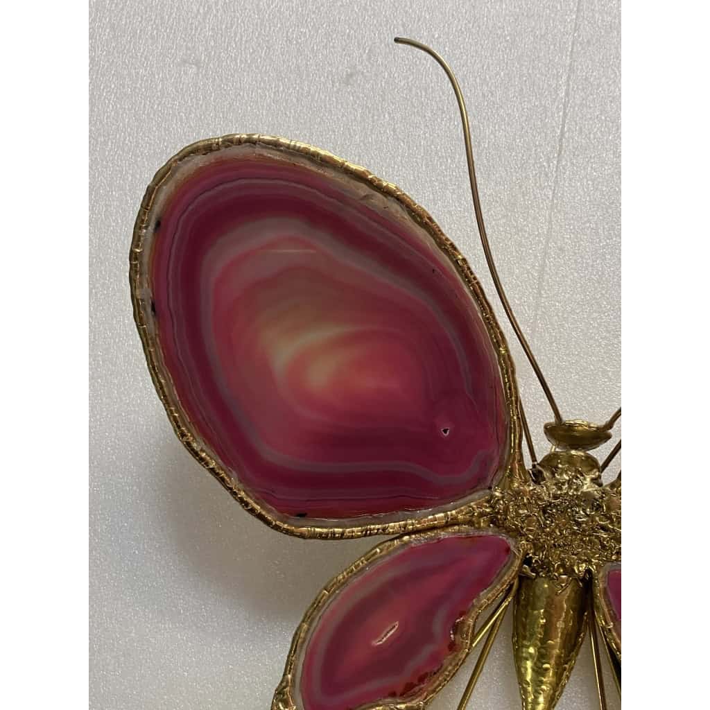 1970’ Applique Papillon en Bronze ou Laiton, Duval Brasseur Ou Isabelle Faure, 4 Ampoules, Ailes d’Agate | Biron 1970’ Applique Papillon en Bronze ou Laiton, Duval Brasseur Ou Isabelle Faure, 4 Ampoules, Ailes d’Agate