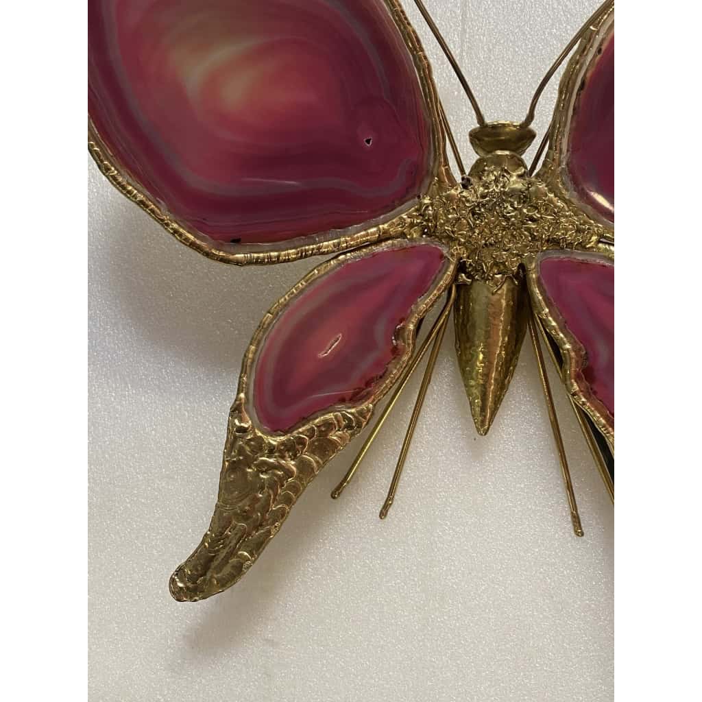 1970’ Applique Papillon en Bronze ou Laiton, Duval Brasseur Ou Isabelle Faure, 4 Ampoules, Ailes d’Agate | Biron 1970’ Applique Papillon en Bronze ou Laiton, Duval Brasseur Ou Isabelle Faure, 4 Ampoules, Ailes d’Agate