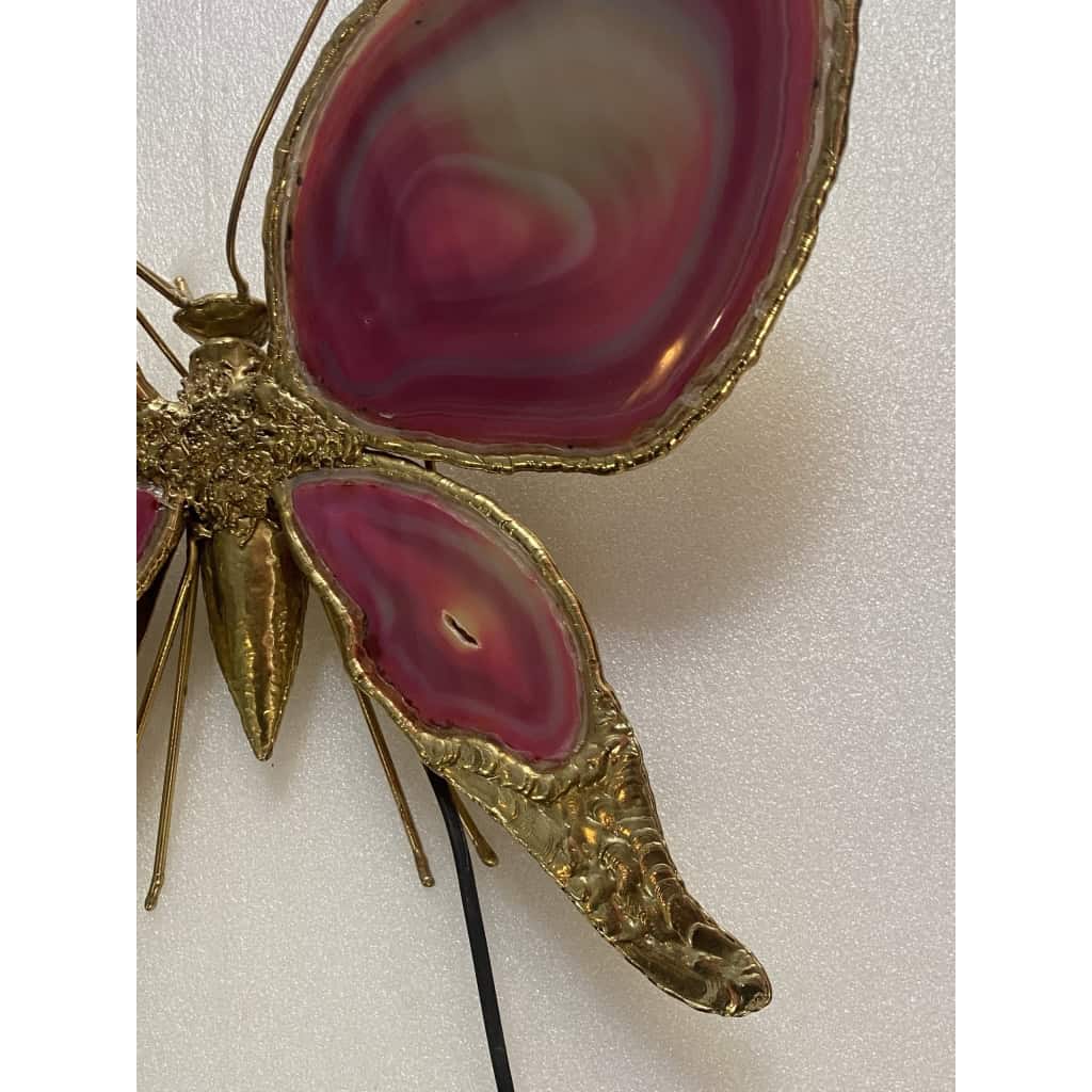 1970’ Applique Papillon en Bronze ou Laiton, Duval Brasseur Ou Isabelle Faure, 4 Ampoules, Ailes d’Agate | Biron 1970’ Applique Papillon en Bronze ou Laiton, Duval Brasseur Ou Isabelle Faure, 4 Ampoules, Ailes d’Agate
