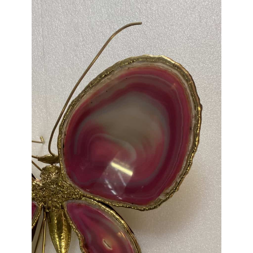 1970’ Applique Papillon en Bronze ou Laiton, Duval Brasseur Ou Isabelle Faure, 4 Ampoules, Ailes d’Agate | Biron 1970’ Applique Papillon en Bronze ou Laiton, Duval Brasseur Ou Isabelle Faure, 4 Ampoules, Ailes d’Agate
