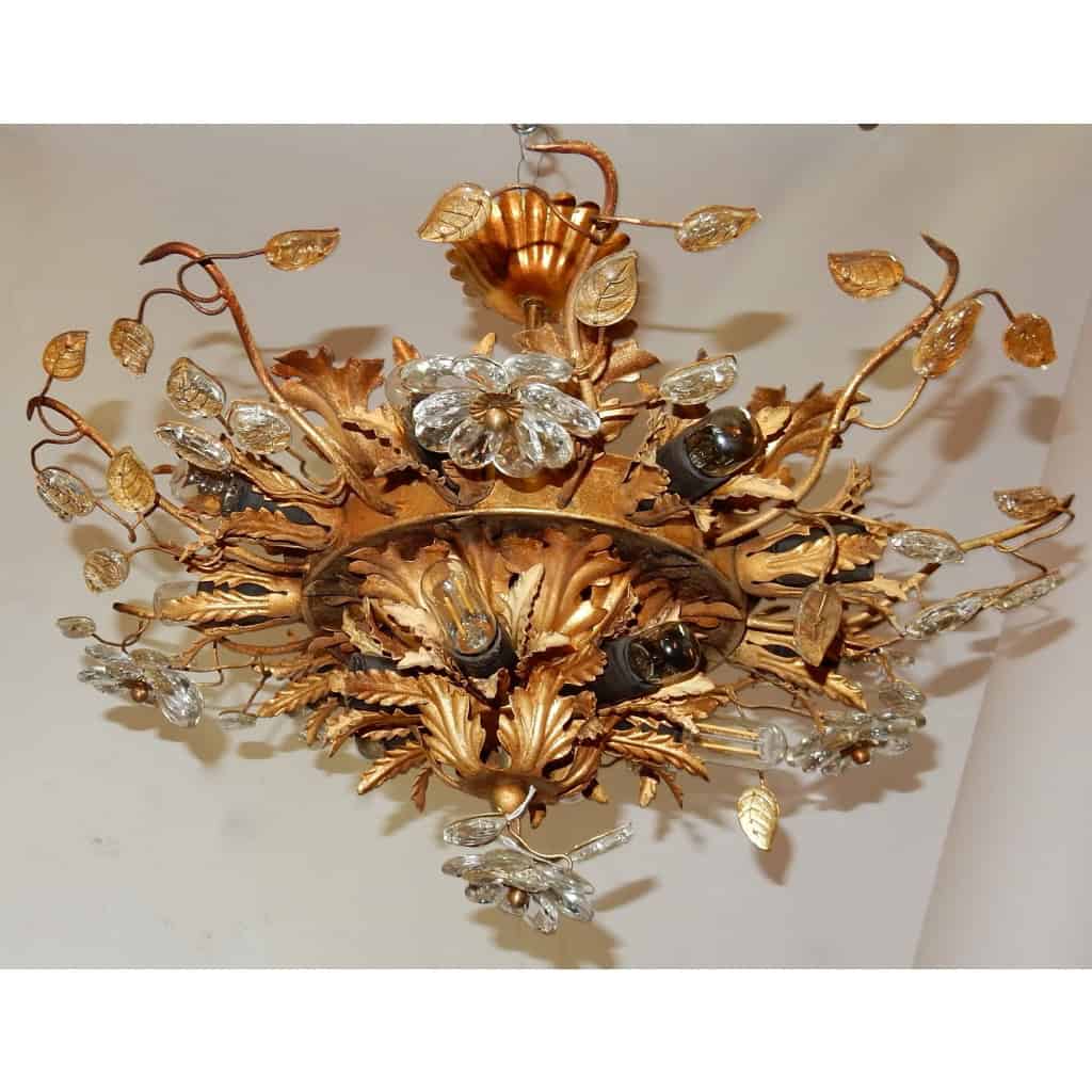 1970′ Plafonnier ou Applique à Décor de Fleurs et Feuilles en Métal Doré Style Maison Baguès Feuilles en Verre 15 Ampoules | Biron ||||||||