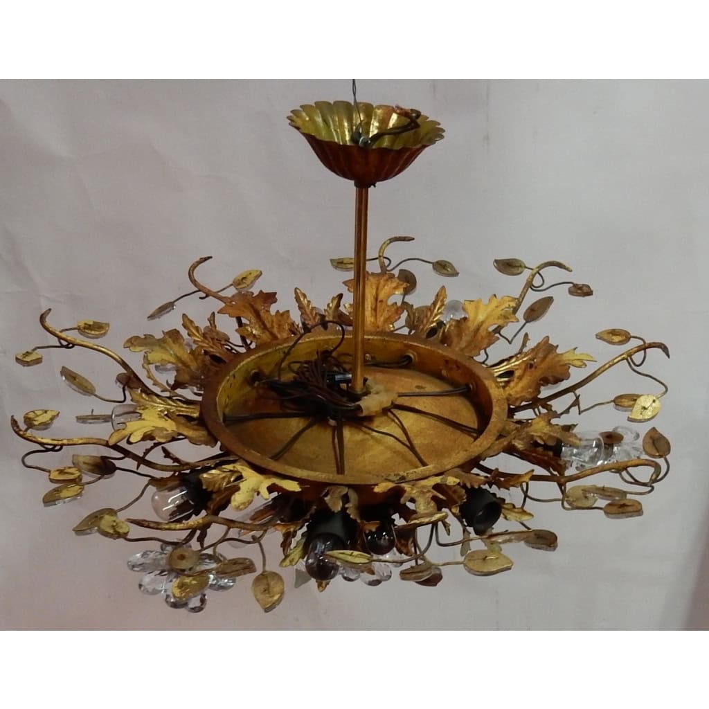 1970′ Plafonnier ou Applique à Décor de Fleurs et Feuilles en Métal Doré Style Maison Baguès Feuilles en Verre 15 Ampoules | Biron 1970′ Plafonnier ou Applique à Décor de Fleurs et Feuilles en Métal Doré Style Maison Baguès Feuilles en Verre 15 Ampoules