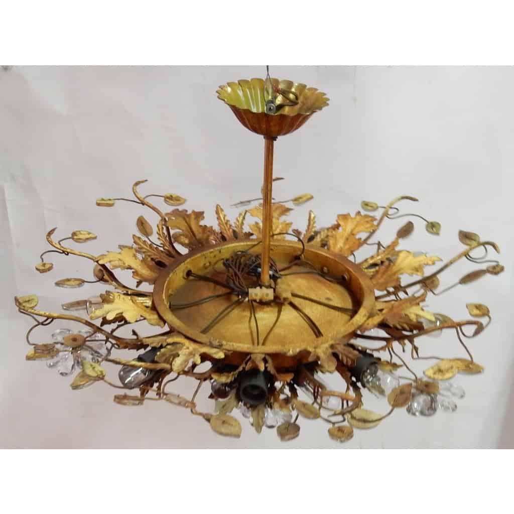 1970′ Plafonnier ou Applique à Décor de Fleurs et Feuilles en Métal Doré Style Maison Baguès Feuilles en Verre 15 Ampoules | Biron 1970′ Plafonnier ou Applique à Décor de Fleurs et Feuilles en Métal Doré Style Maison Baguès Feuilles en Verre 15 Ampoules