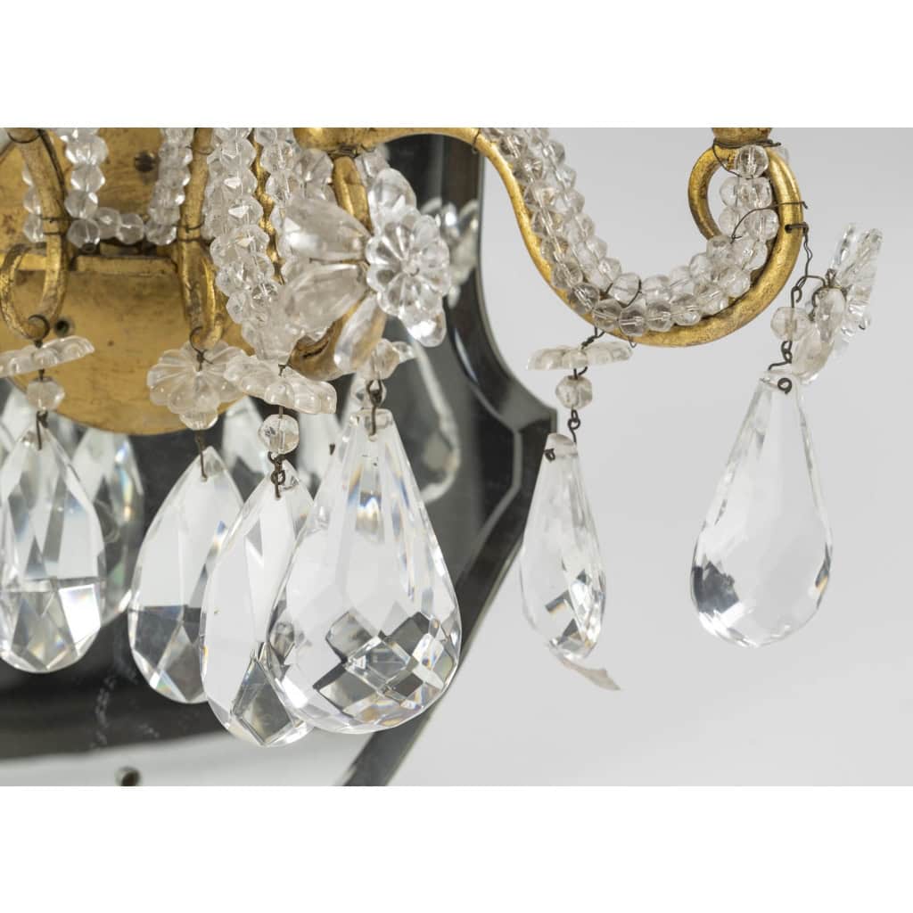 Paire d’appliques en miroir et fer doré et papilles de verre, 1950-1960 | Biron Paire d’appliques en miroir et fer doré et papilles de verre, 1950-1960