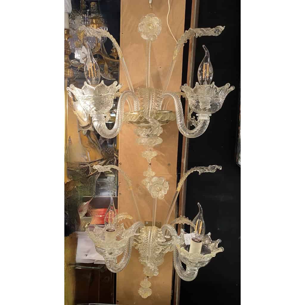 1950/70′ Paire d’Appliques à 2 Bras de Lumière en Cristal de Murano Avec Paillons d’Or | Biron |||||||||