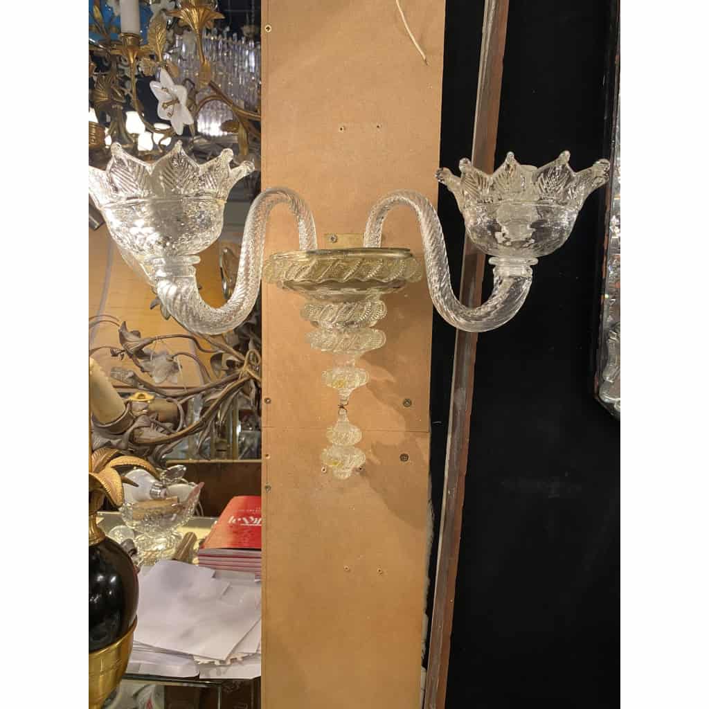 1950/70′ Paire d’Appliques à 2 Bras de Lumière en Cristal de Murano Avec Paillons d’Or | Biron 1950/70′ Paire d’Appliques à 2 Bras de Lumière en Cristal de Murano Avec Paillons d’Or