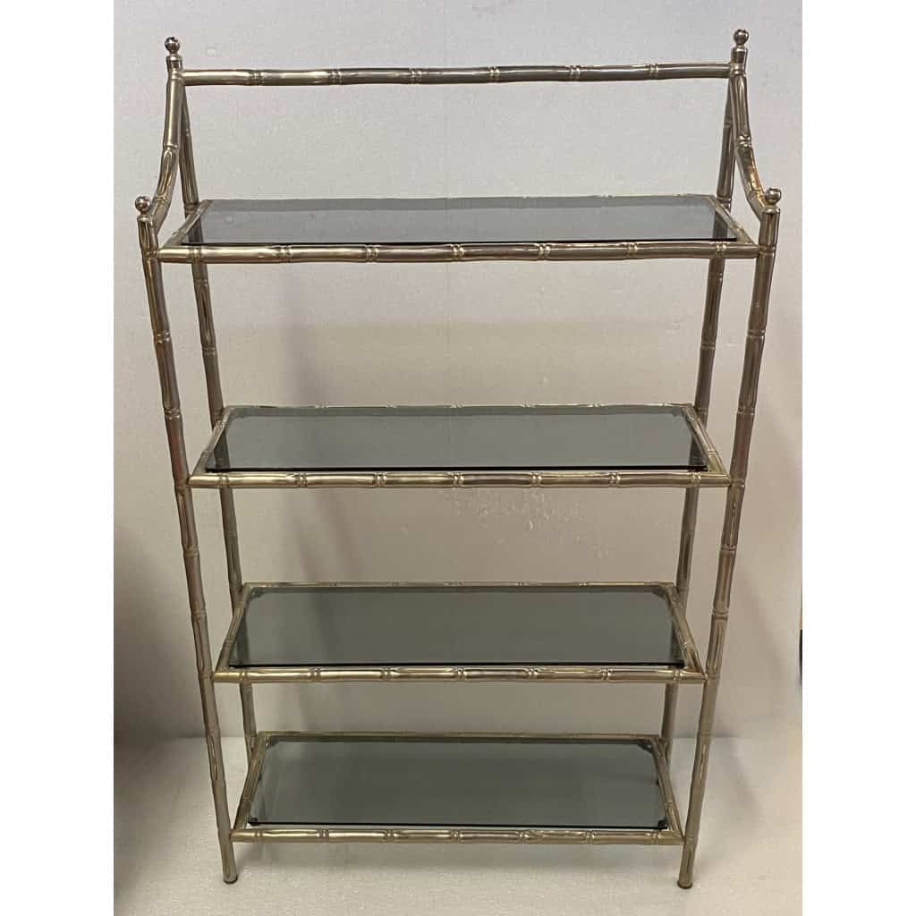 1970′ Étagère En Metal Nickelé à 4 Niveaux Style Maison Baguès Décor Bambou Plateaux Verres Fumés | Biron ||||||||