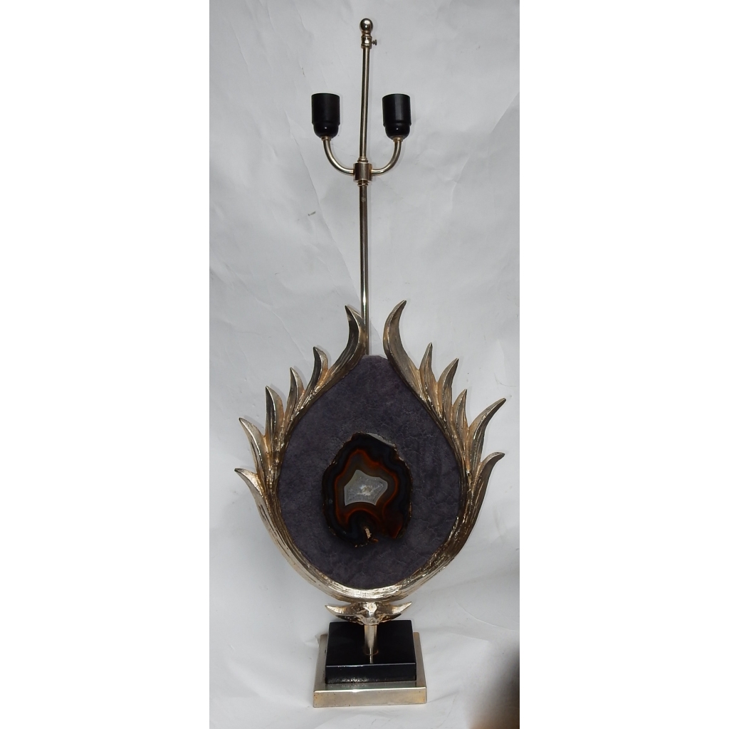 1970′ Lampe Décor Lotus, Bronze Argenté, Galuchat, Agate, Duval Brasseur Non Signée | Biron |||||||||||