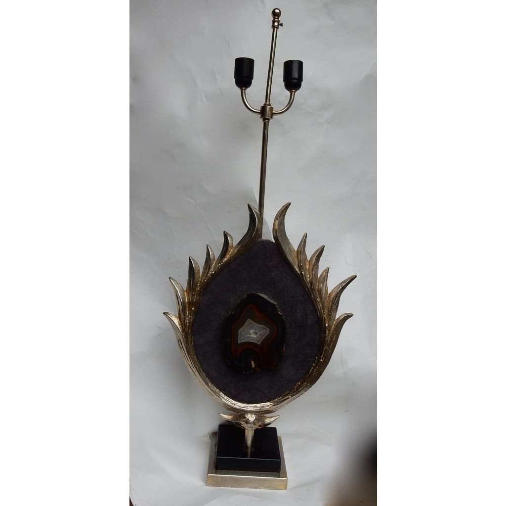 1970′ Lampe Décor Lotus, Bronze Argenté, Galuchat, Agate, Duval Brasseur Non Signée | Biron 1970′ Lampe Décor Lotus, Bronze Argenté, Galuchat, Agate, Duval Brasseur Non Signée