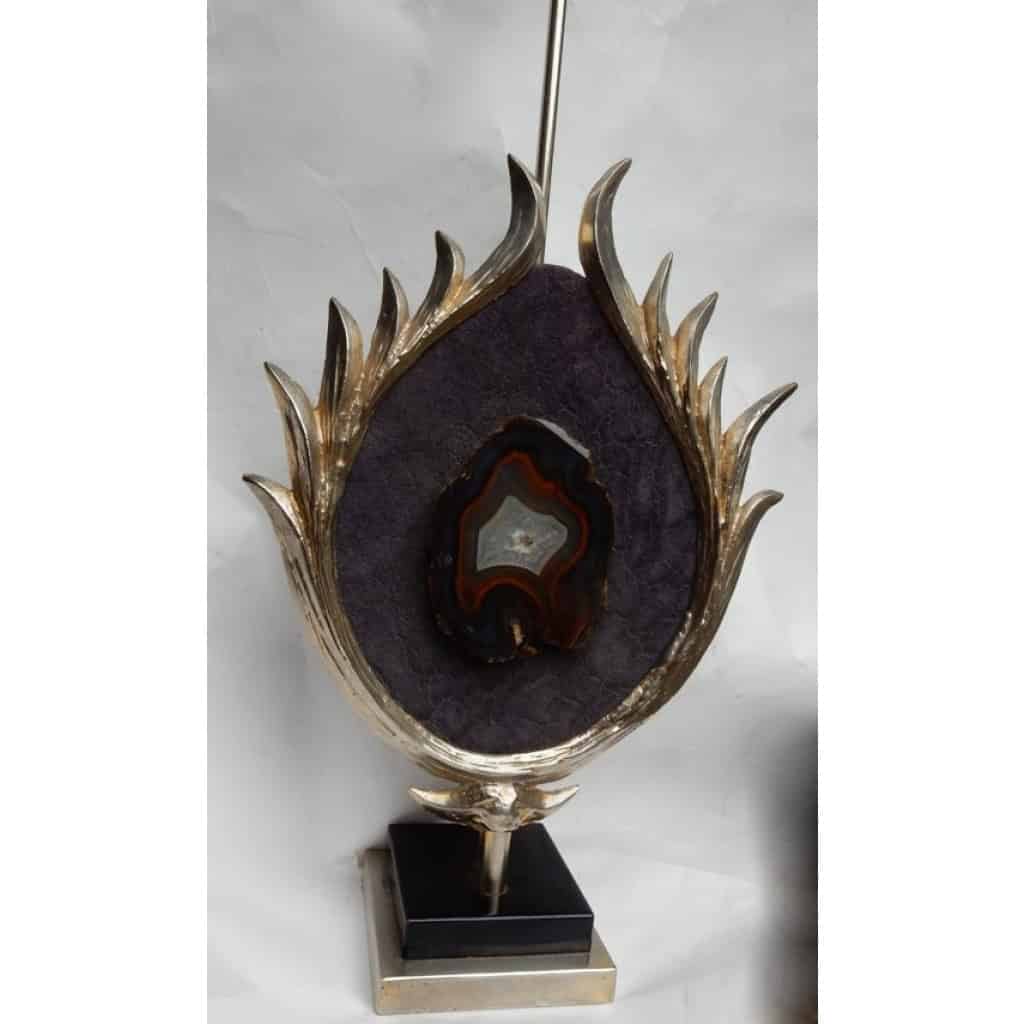 1970′ Lampe Décor Lotus, Bronze Argenté, Galuchat, Agate, Duval Brasseur Non Signée | Biron 1970′ Lampe Décor Lotus, Bronze Argenté, Galuchat, Agate, Duval Brasseur Non Signée