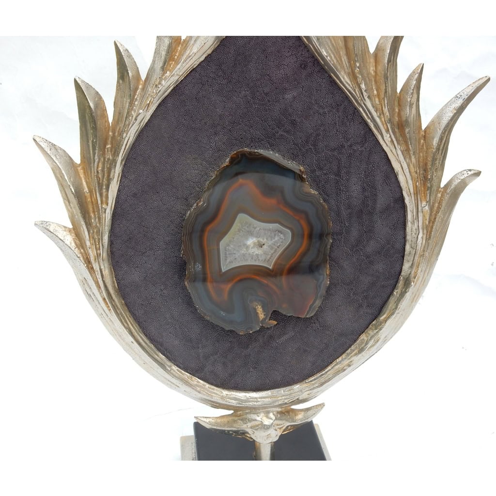 1970′ Lampe Décor Lotus, Bronze Argenté, Galuchat, Agate, Duval Brasseur Non Signée | Biron 1970′ Lampe Décor Lotus, Bronze Argenté, Galuchat, Agate, Duval Brasseur Non Signée