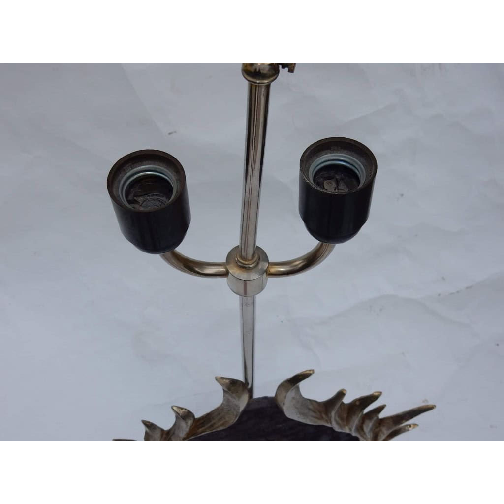 1970′ Lampe Décor Lotus, Bronze Argenté, Galuchat, Agate, Duval Brasseur Non Signée | Biron 1970′ Lampe Décor Lotus, Bronze Argenté, Galuchat, Agate, Duval Brasseur Non Signée
