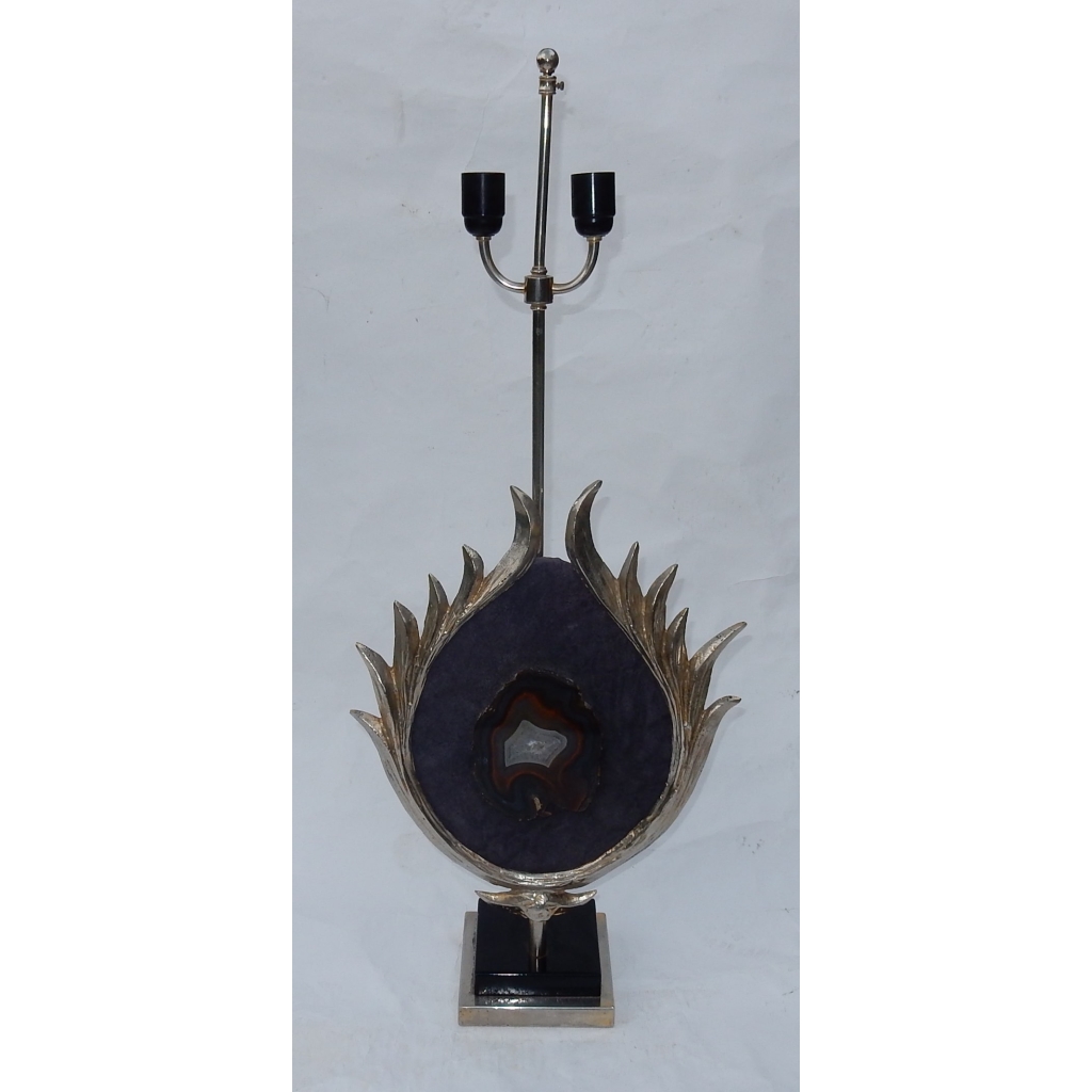 1970′ Lampe Décor Lotus, Bronze Argenté, Galuchat, Agate, Duval Brasseur Non Signée | Biron 1970′ Lampe Décor Lotus, Bronze Argenté, Galuchat, Agate, Duval Brasseur Non Signée