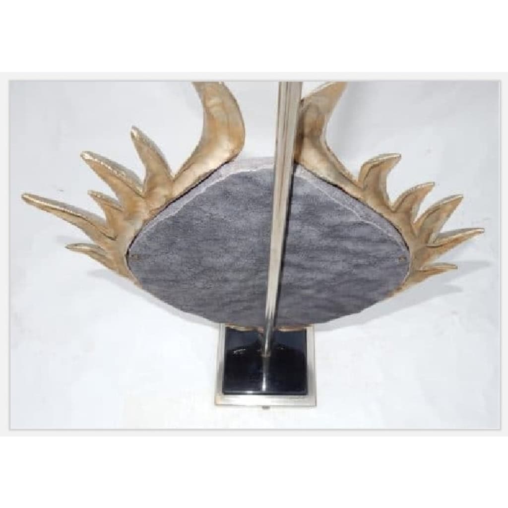 1970′ Lampe Décor Lotus, Bronze Argenté, Galuchat, Agate, Duval Brasseur Non Signée | Biron 1970′ Lampe Décor Lotus, Bronze Argenté, Galuchat, Agate, Duval Brasseur Non Signée