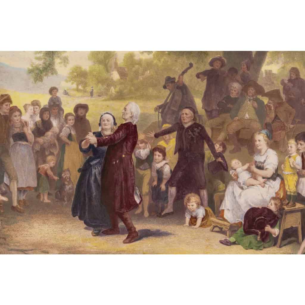 Scène de genre peinte émaillée, d’après Louis Knaus « La Cinquantaine », dans son cadre en laiton, fin du XIXe siècle | Biron Scène de genre peinte émaillée, d'après Louis Knaus "La Cinquantaine", dans son cadre en laiton, fin du XIXe siècle