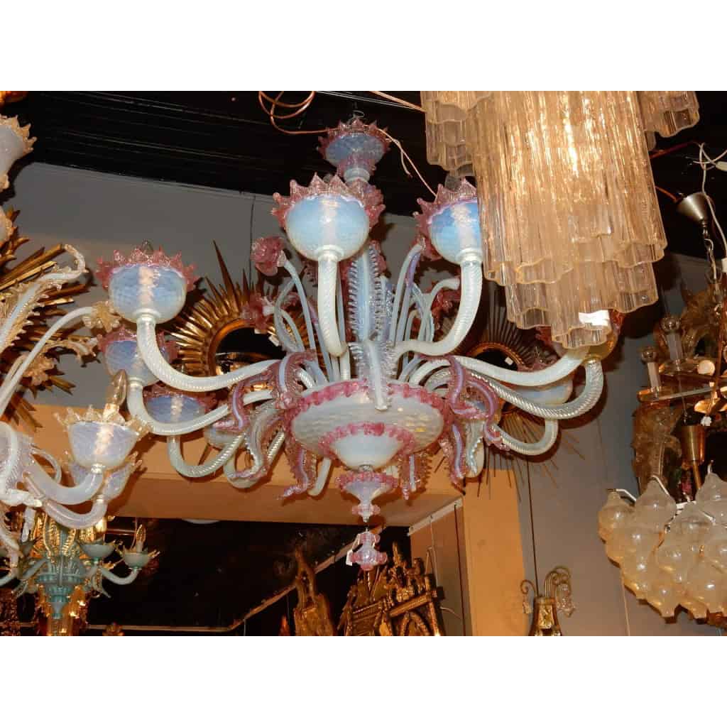 1950′ Lustre Murano à 12 Bras de Lumière en Verre Bleu Opalescent et Pâte de Verre Rose | Biron |||||||||