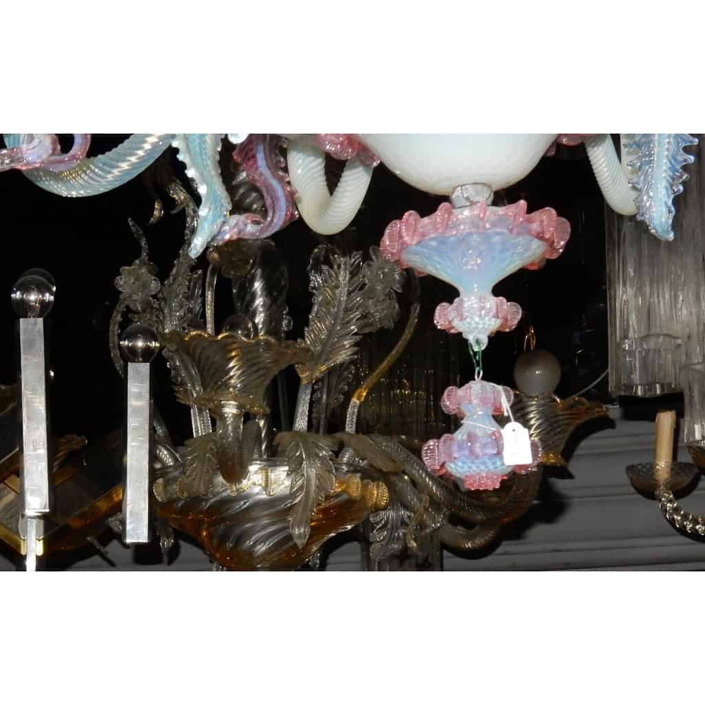 1950′ Lustre Murano à 12 Bras de Lumière en Verre Bleu Opalescent et Pâte de Verre Rose | Biron 1950′ Lustre Murano à 12 Bras de Lumière en Verre Bleu Opalescent et Pâte de Verre Rose