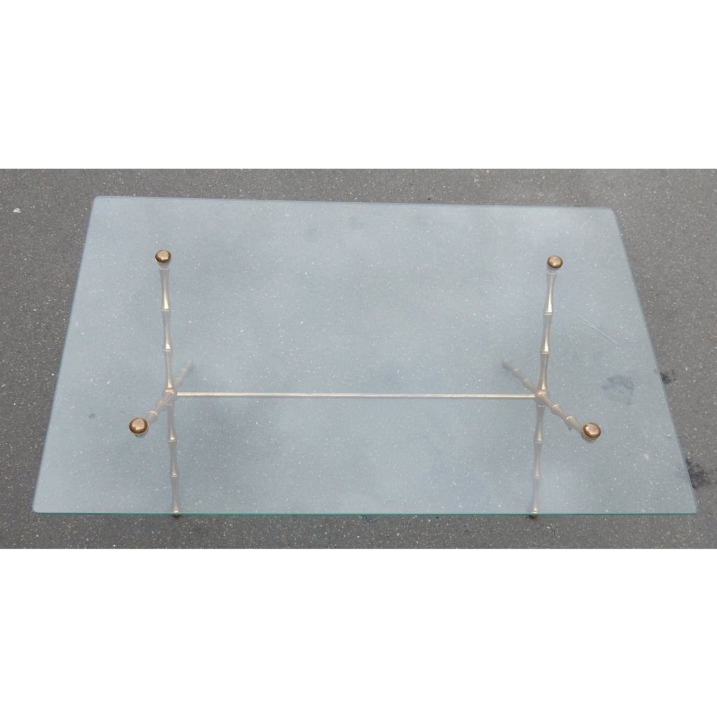 1950/70 Table Basse en Bronze Doré Maison Baguès Modèle Bambou, Entretoise, Plateau en Verre Vissé