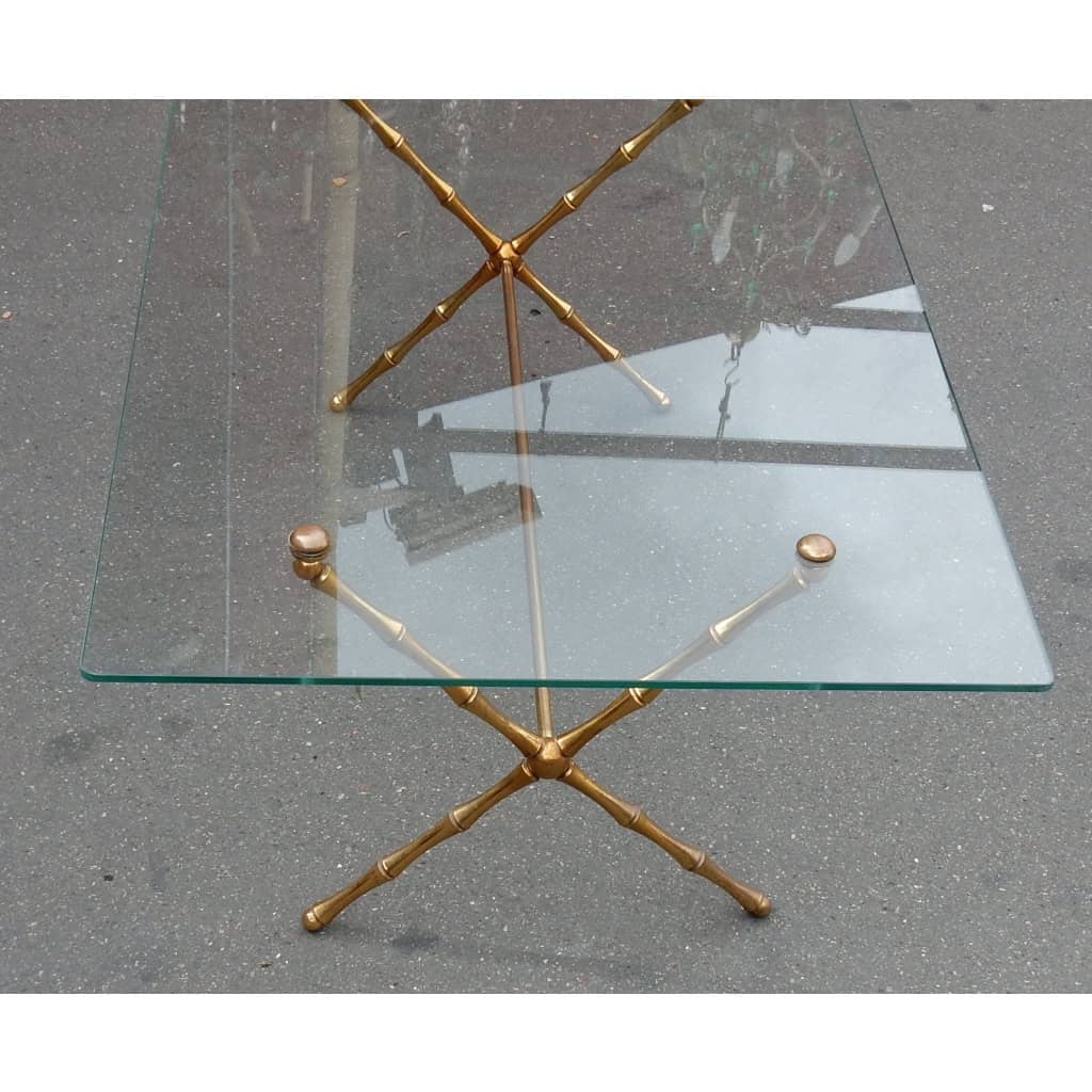 1950/70 Table Basse en Bronze Doré Maison Baguès Modèle Bambou, Entretoise, Plateau en Verre Vissé